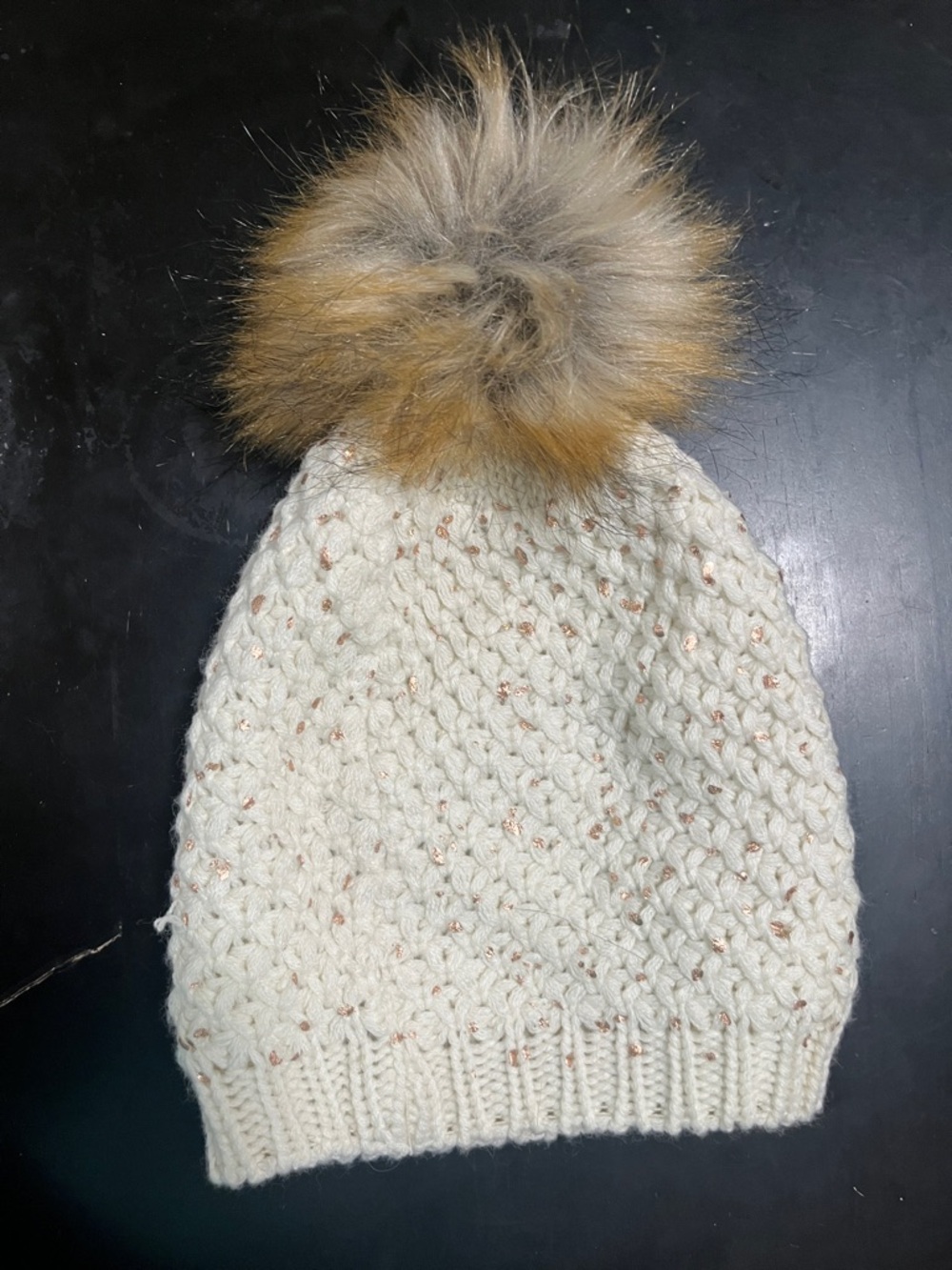 Cream Knit Beanie with Faux Fur Pom